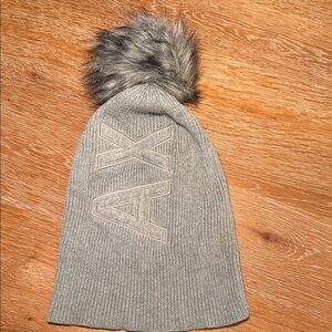 Armani Exchange Gray Knit Beanie with Faux Fur Pom